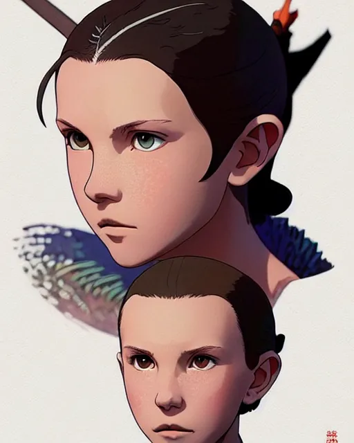 Prompt: millie bobby brown as an azctec warrior, detailed perfect face, exquisite details, fire magic, mid view, design on a white background, by studio muti, greg rutkowski makoto shinkai takashi takeuchi studio ghibli