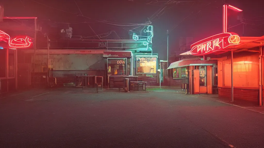 Image similar to an empty parking lout outside an abandoned retro diner at night, by lee madgwick, pink and orange neon lights, highly detailed, photorealistic, artstation trending, cryengine 8 k uhd