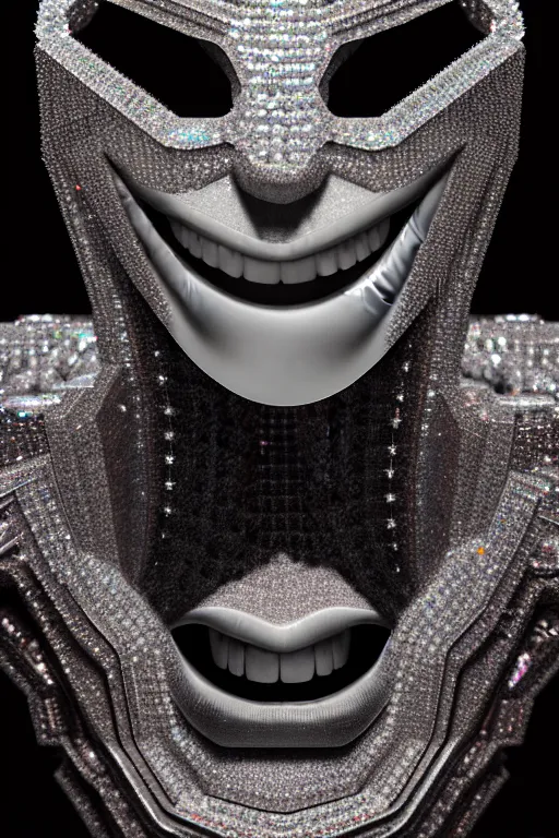 Image similar to hyperrealism, dreamland of chinese, halfturn portrait of a big crystal face made of crystals half - turn, cyberpunk, sss material, ominous, slender and densely arranged teeth, futuristic, art deco, expressive, dystopian, ominous, intricate, oc rendered, concept art, photorealistic, unreal engine render