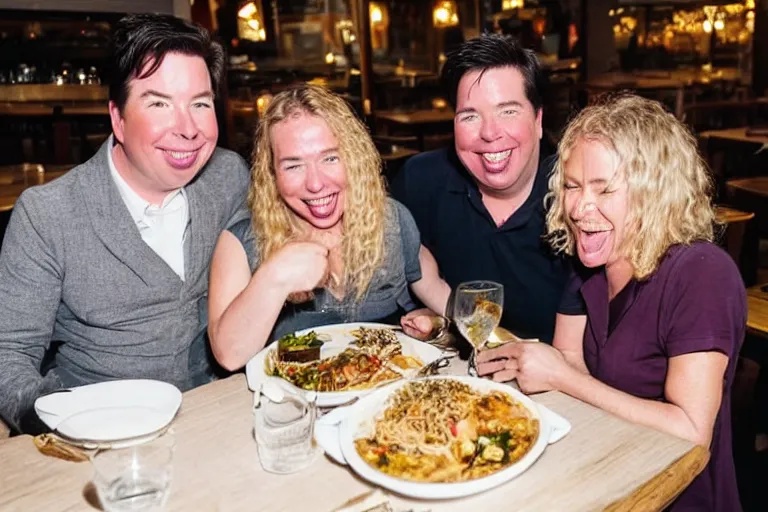 Prompt: portait of michael mcintyre and middle aged blonde woman with short hair and a blonde woman with long hair having dinner at sunday in brooklyn restaurant