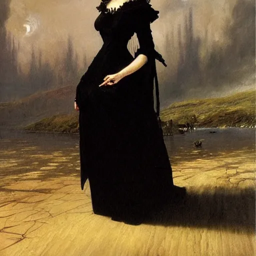 Image similar to A beautiful victorian woman, gothic dress, flowing hair, oil painting, portrait, dramatic lighting, masterpiece, painted by Caspar David Friedrich