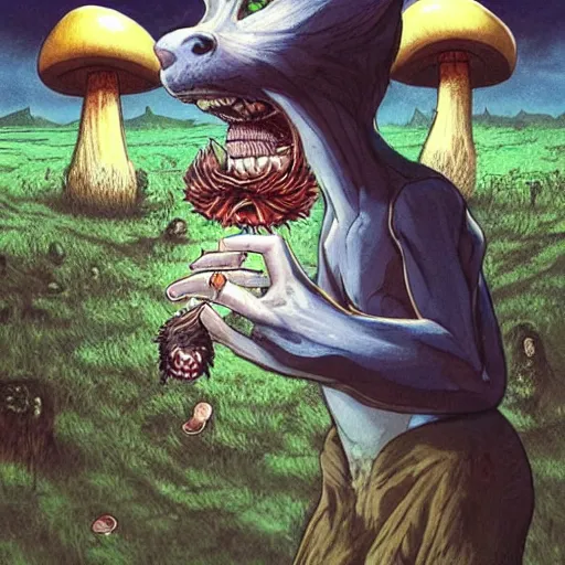 Prompt: a centered chest up portrait of a psychedelic demonic anthropomorphic badger smoking a hand - rolled cigarette smoking heavily, magic mushroom village in background. award winning. superb resolution. in the art style of junji ito and greg rutkowski. detailed mushroom city in background. hyper realistic anime. perfect art. dalle 2