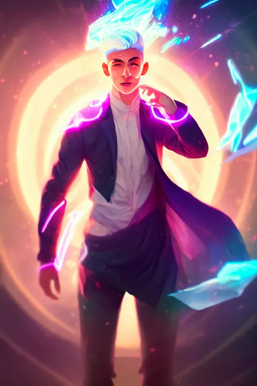 Prompt: a human elemental sorcerer, blurred environment background, colorful magic effects, white skin, portrait, male, clothed, sharp focus, digital art, concept art, trending on artstation, dynamic lighting, by emylie boivin and rossdraws