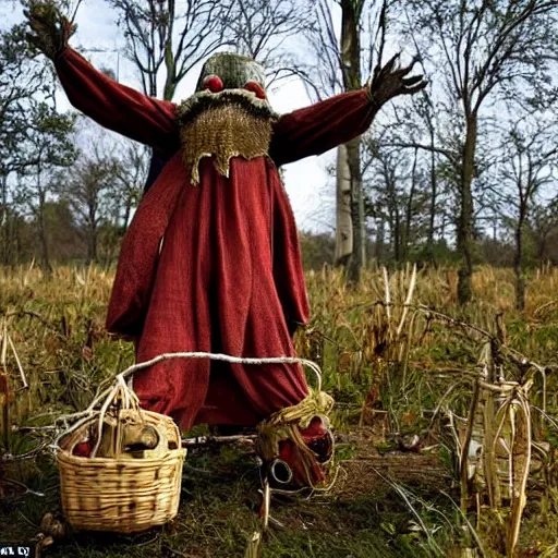 Image similar to dwarves in traditional clothes in mushroom fields put up a scarecrow from bats