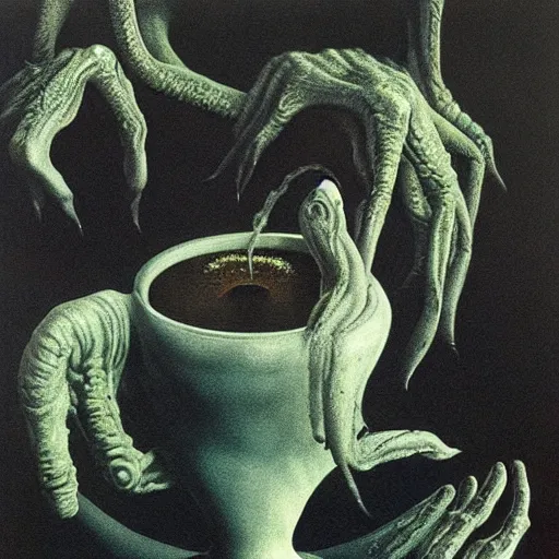 Image similar to eldritch lovecraftian steaming cup of coffee, sci-fi horror, Zdzisław Beksiński, H. R. Giger, Francis Bacon