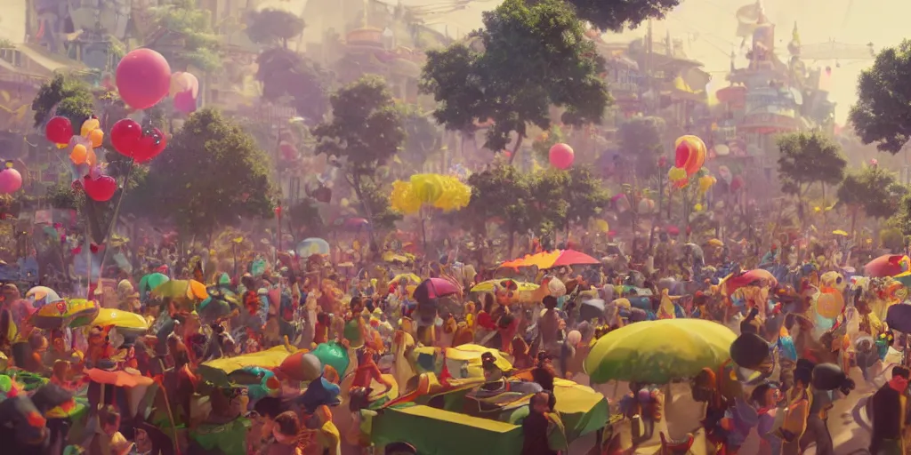 Image similar to a film still of a float carnival, medium shot, waist up, studio ghibli, pixar and disney animation, sharp, rendered in unreal engine 5, anime key art by greg rutkowski, bloom, dramatic lighting