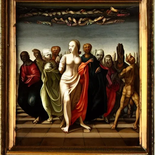 Image similar to alien walking between people, Renaissance painting style, detailed faces