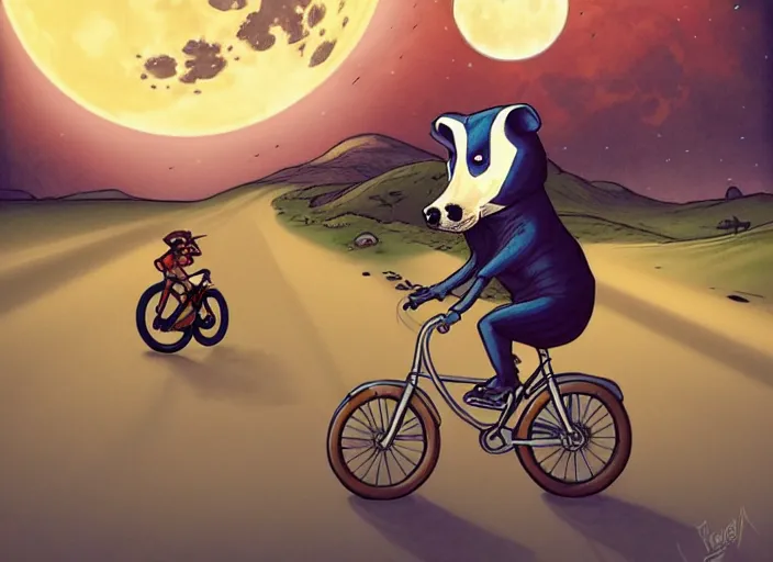 Image similar to a cell shaded cartoon badger riding a bicycle, with a big head, on a desert road, wide shot, in front of a big moon, muted colors, post grunge, josan gonzales, wlop, by james jean, victor ngai, hq, deviantart, art by artgerm