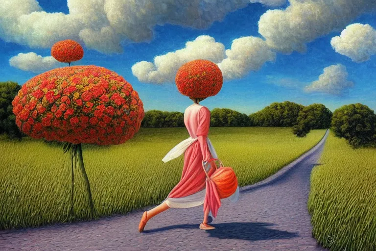 Prompt: giant flower head, woman walking, surreal, clouds in sky, impressionist painting, digital painting, artstation, rob gonsalves