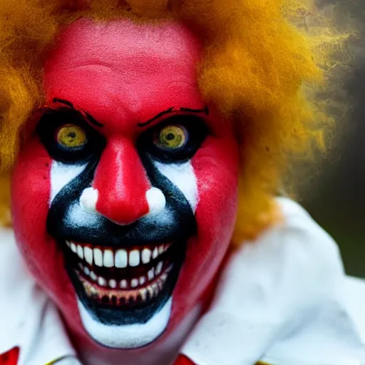 Image similar to Close up photograph of Ronald McDonald emerging from a dirty puddle, white facepaint, red afro, red round nose, yellow jumpsuit!! creepy smile!!!, highly detailed, F32