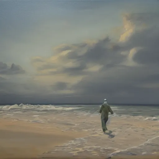 Prompt: a man in a hazmat walking on an abandoned beach, oil painting