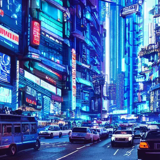 Prompt: a cyberpunk city, exceedingly blue, very very blue, seedy, busy, traffic