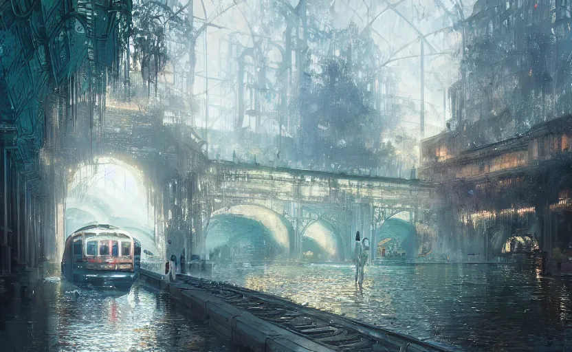 Image similar to An urban train rides inside of a waterway on a fantasy city, next to a fountain and a mystical palace, intricate, elegant, volumetric lighting, digital painting, highly detailed, artstation, sharp focus, illustration, concept art, ruan jia, steve mccurry