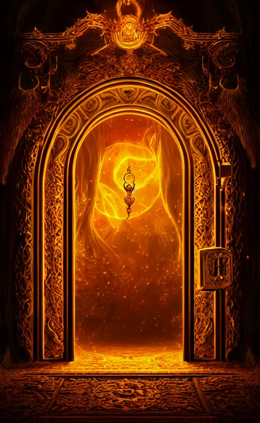 Image similar to a ornamental gate into hell, gold, ornament, intarsia, portal, doorway, dynamic lighting, ambient lighting, atmospherical, photorealistic fantasy concept art, trending on art station, stunning visuals, creative, cinematic, ultra detailed