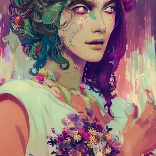 Image similar to colorful illustration of lady at a wedding, intricate complexity, by greg rutkowski, artgerm, ross tran, conrad roset, takato yomamoto, ilya kuvshinov. 4 k, beautiful, cinematic dramatic atmosphere