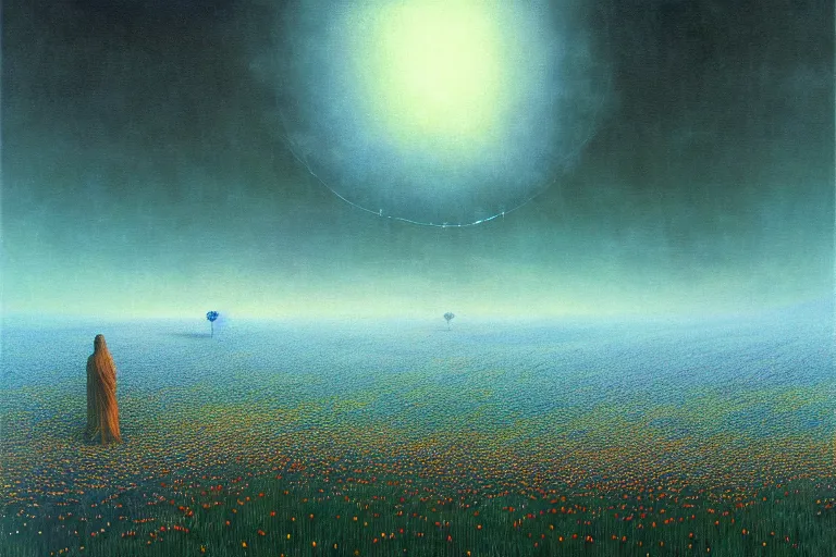 Prompt: surreal fantasy field with flowers and butterflys dark blue cosmos in background, in the style of beksinski, intricate and epic composition, white by caravaggio, insanely quality, highly detailed, masterpiece, white light, artstation, 4 k