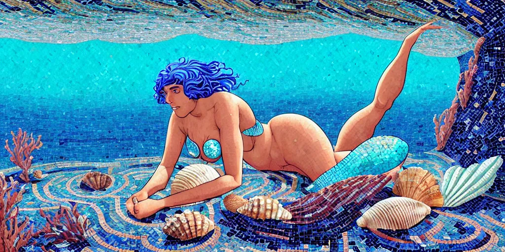 Image similar to ancient roman mosaic of bluehair mermaid with a shell bikini on sea floor, low ceiling, illustration by moebius, rhads, dan mumford, josan gonzales, clean thick line, comics style