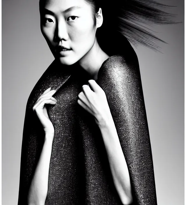 Prompt: photography facial portrait of liu wen, natural background, sensual lighting, natural fragile pose, wearing stunning cape by iris van herpen, with a colorfull makeup. highly detailed, skin grain detail, photography by paolo roversi, nick knight, helmut newton, avedon, araki