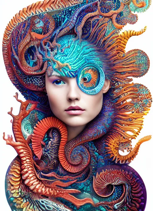 Prompt: ridiculously beautiful young womans face in full color, layers of intricate swirling dimensions, coral, sea dragons, scales, symmetrical, in the style of ernst haeckel, effervescent, sacred geometry, surrealism, photo realistic, epic and cinematic, 3 d, clear, sharp,