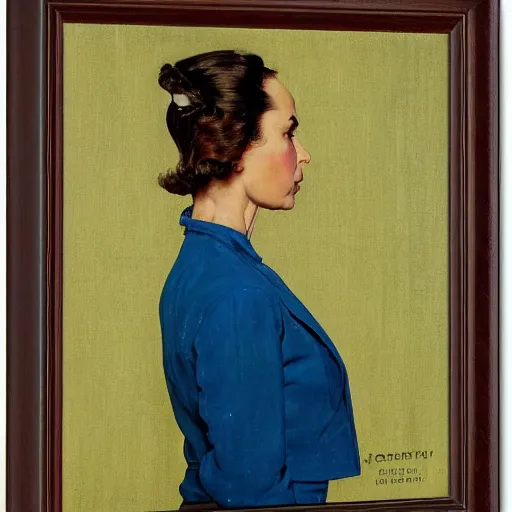 Prompt: head and legs portrait of woman, fierce, fully clothed, three quarter profile, norman rockwell, jacob collins, tom lovell, frank schoonover