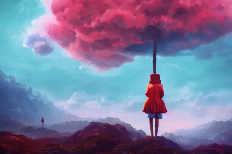 Image similar to closeup giant dahlia flower as head, girl standing on mountain, surreal photography, blue storm clouds, dramatic light, impressionist painting, digital painting, artstation, simon stalenhag