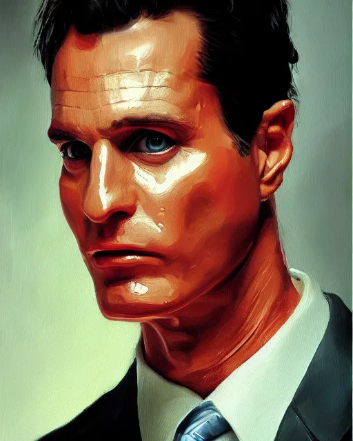 Image similar to oil painting portrait of patrick bateman, serbian flag background, cinematic lighting, high production value, intricate details, high resolution, hdr, high definition, masterpiece, realistic, ultrarealistic, highly detailed, hd, sharp focus, non blurry, sharp, smooth