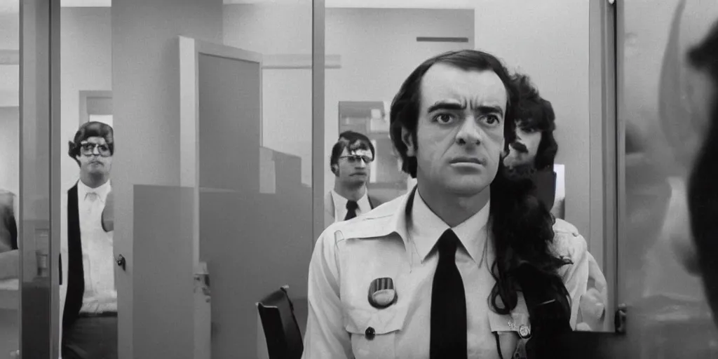 Image similar to screenshot of sharone stone as office cheif at a private company, 1 9 7 0 s psychological thriller by stanely kubrick film, color kodak, anamorphic lenses, detailed faces, moody cinematography