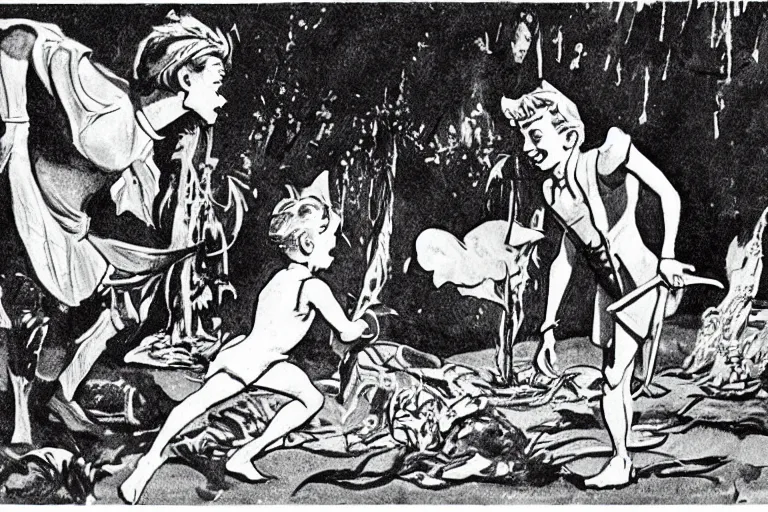 Prompt: a rodney greenblat illustration of a scene from in the peter pan ( 1 9 5 3 )