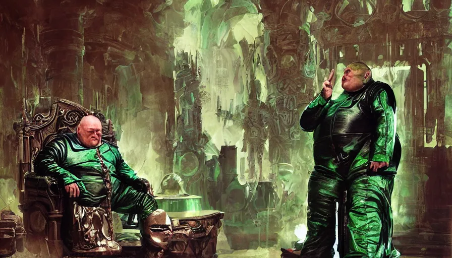 Prompt: shaun ryder as baron harkonnen wearing a leather spacesuit and sitting on a throne in the throne room on guidi prime, dark warriors stand in the background, beautiful green and pink marble pillars, by normal rockwell and john berkey, photoreal, science fiction character concept art, artstation