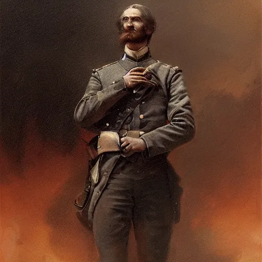 Image similar to a dramatic epic ethereal portrait of a American Civil War soldier, full body with dynamic pose, male, detailed face, cinematic lighting, highly detailed oil on canvas painting by Greg Rutkowski, winning-award digital art trending on Artstation H 1024 W 832