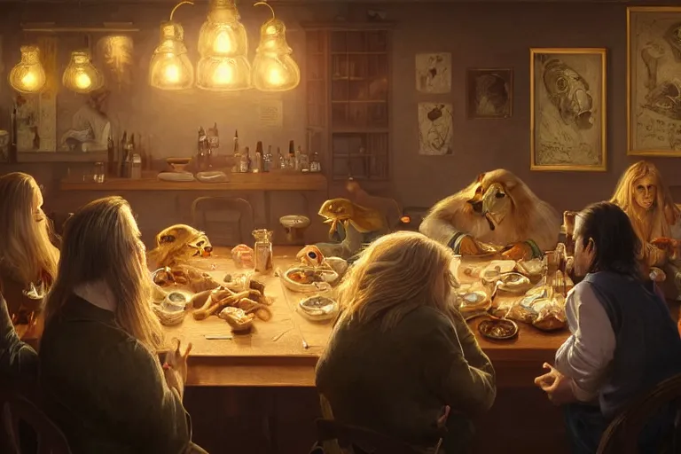 Prompt: portait of a pig and a mallard and a blonde woman with long hair having dinner at sunday in brooklyn restaurant, anatomy, bathed in light, highly detailed, photorealistic, artstation, smooth, sharp focus, illustration, unreal engine 5, 8 k, art by artgerm and greg rutkowski and edgar maxence