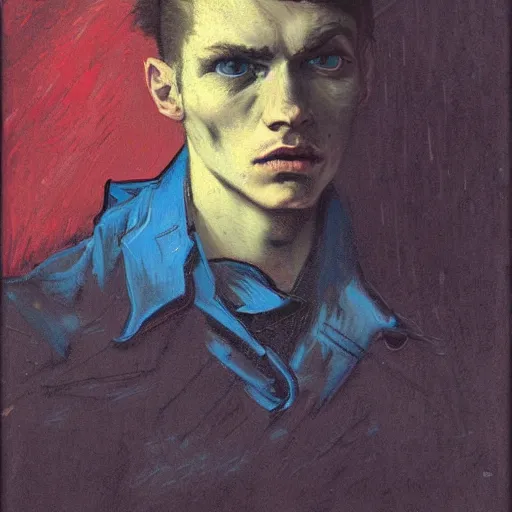 Prompt: 2 d artistic picture of a young man with empty eyes and looking almost dead with sharp facial features and black hair looking sadly down on his hand, rear facing, only black and blue high contrast colour spectrum, melancholic, allegorical style, by peter mohrbacher, jeremy mann, francoise nielly, van gogh, ross tran, dark style