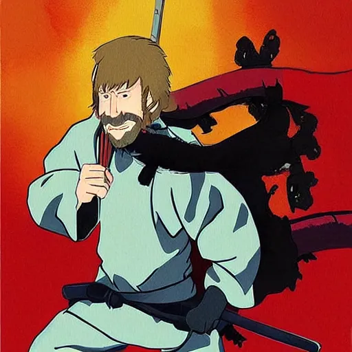 Image similar to chuck norris samurai by studio ghibli painting