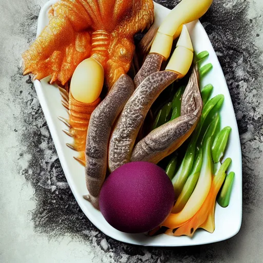 Image similar to a strange alien meal, photorealistic, 8 k, professional food photography, trending on artstation