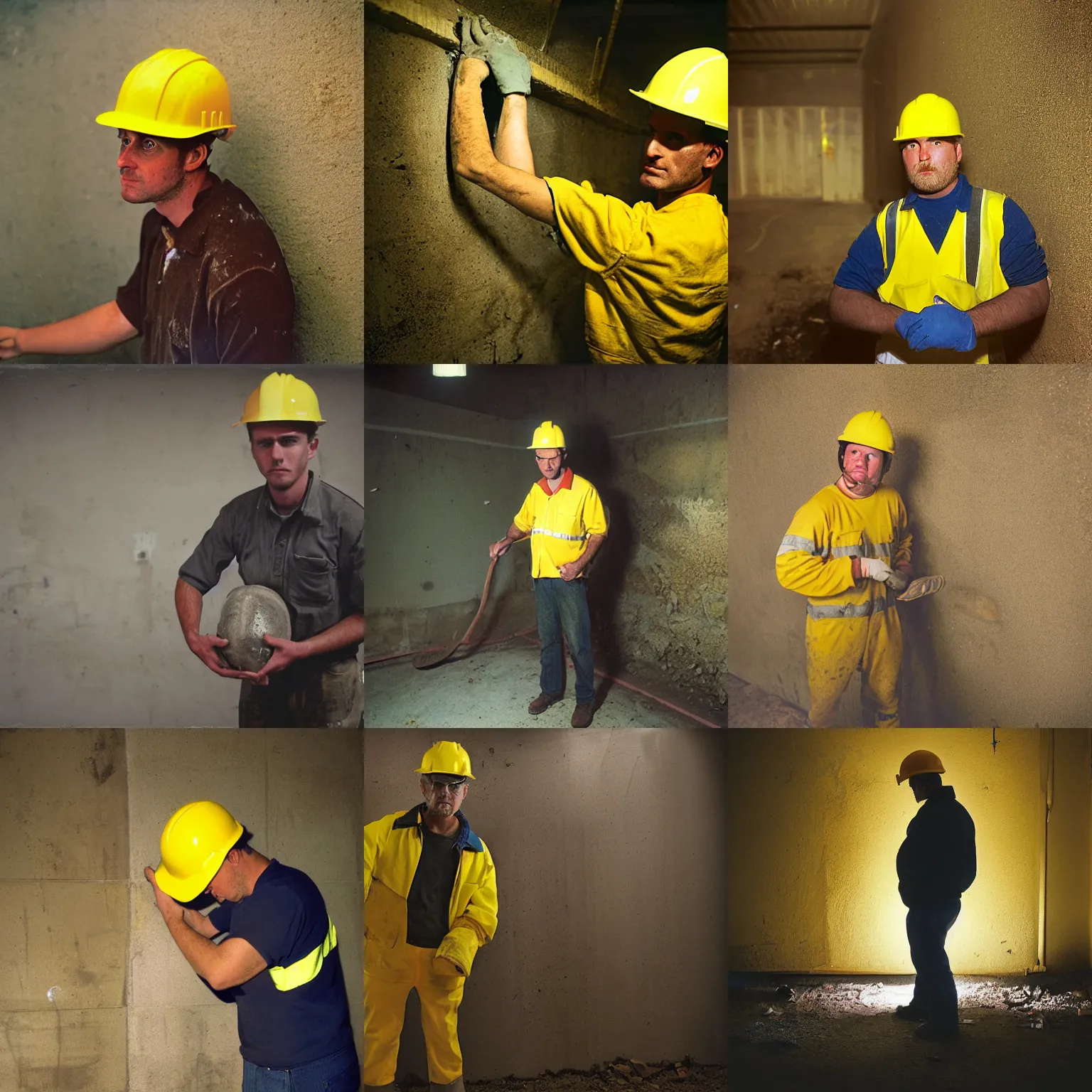 Prompt: A man, working clothes, yellow helmet, headlight, face, dirty Concrete wall, dust, trash ; basement , night; 90's professional color photograph, close up, view from front.