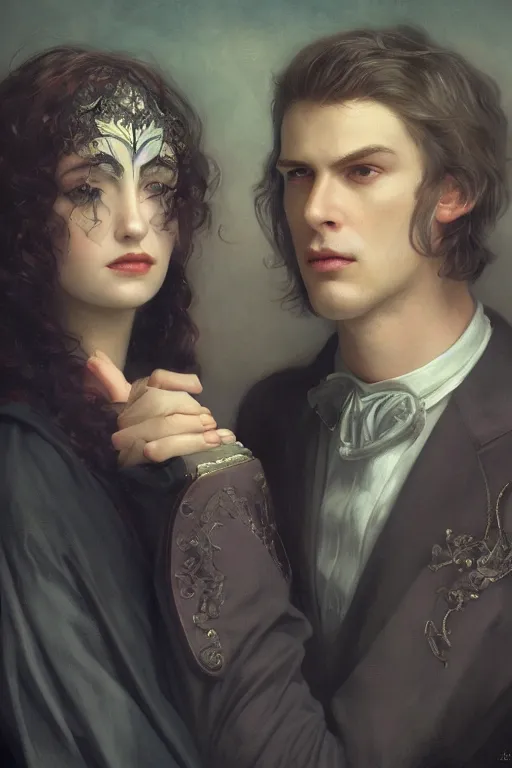 Image similar to a portrait of handsome young evil male Satan and his elegant beautiful wife, bored, illustration, dramatic lighting, soft details, painting oil on canvas, art nouveau, octane render, HDR, 4k, 8k, HD, by Edmund Blair Leighton, Brom, Charlie Bowater, trending on artstation, faces by Tom Bagshaw, Sargent