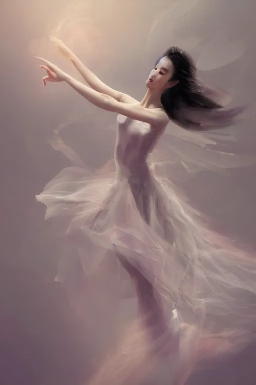 Prompt: prima ballerina dancing in the wind, asian beautiful face, ethereal, bride, beautiful wedding dress, gorgeous, volumetric lighting, elegant, fluid, very highly detailed, digital painting, concept art, illustration, limited color palette, atmosphere and tension, trending on artstation