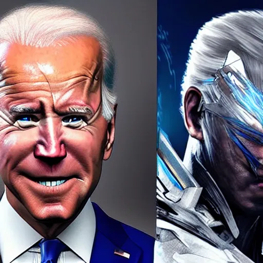 Prompt: joe biden as raiden from metal gear rising revengeance fighting donald trump as sentator armstrong