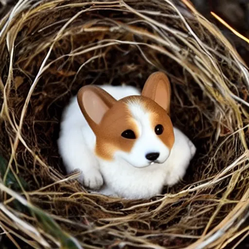 Image similar to a baby corgi emerging from an egg in a nest, photography, photorealistic