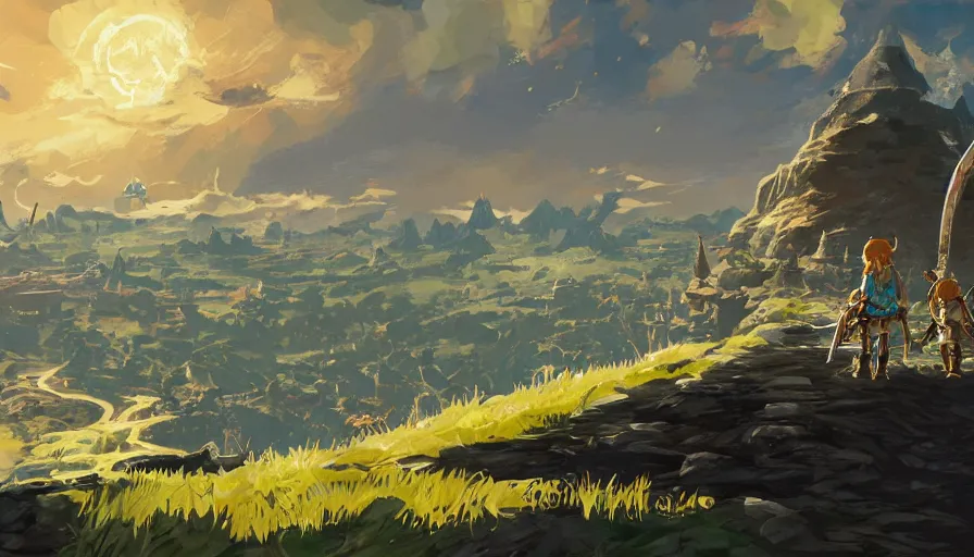 Image similar to breath of the wild elden ring beautiful landscape, concept art