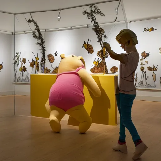 Image similar to winnie the pooh and Piglet visit a gallery, exhibition about honey, paintings of honey, sculptures of bees, plinths made of wood, white gallery, contemporary art, photorealistic