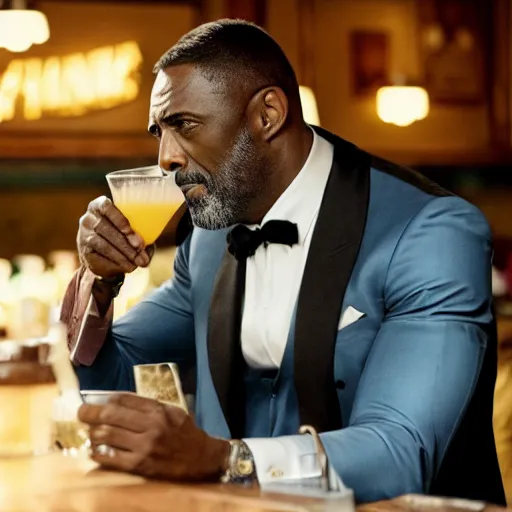 Prompt: film still of Idris Elba at a bar drinking a martini as James Bond