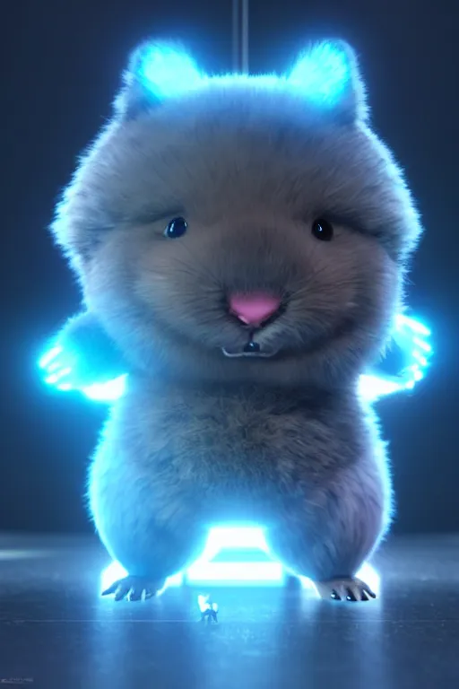 Image similar to high quality 3 d render sci - fi very cute fluffy! wombat!! mecha soldier dancing, highly detailed, unreal engine cinematic smooth, in the style of detective pikachu & blade runner, hannah yata charlie immer, dark blue neon light, low angle, uhd 8 k, sharp focus