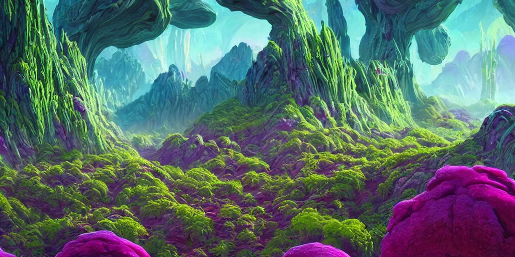 Image similar to a beautiful alien landscape with deadly alien plants, colorful, wide angle, super highly detailed, professional digital painting, artstation, concept art, smooth, sharp focus, no blur, no dof, extreme illustration, Unreal Engine 5, Photorealism, HD quality, 8k resolution, cinema 4d, 3D, beautiful, cinematic, art by artgerm and greg rutkowski and alphonse mucha and loish and WLOP