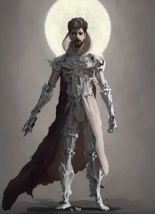 Prompt: character concept portrait of an princely young angry Spanish wizard with pale white skin and wearing half skeleton mask while casting a dark seduction spell, a floating burning spell book in the center, intricate, elegant, digital painting, concept art, smooth, sharp focus, illustration, from Metal Gear, by Ruan Jia and Mandy Jurgens and William-Adolphe Bouguereau, Artgerm