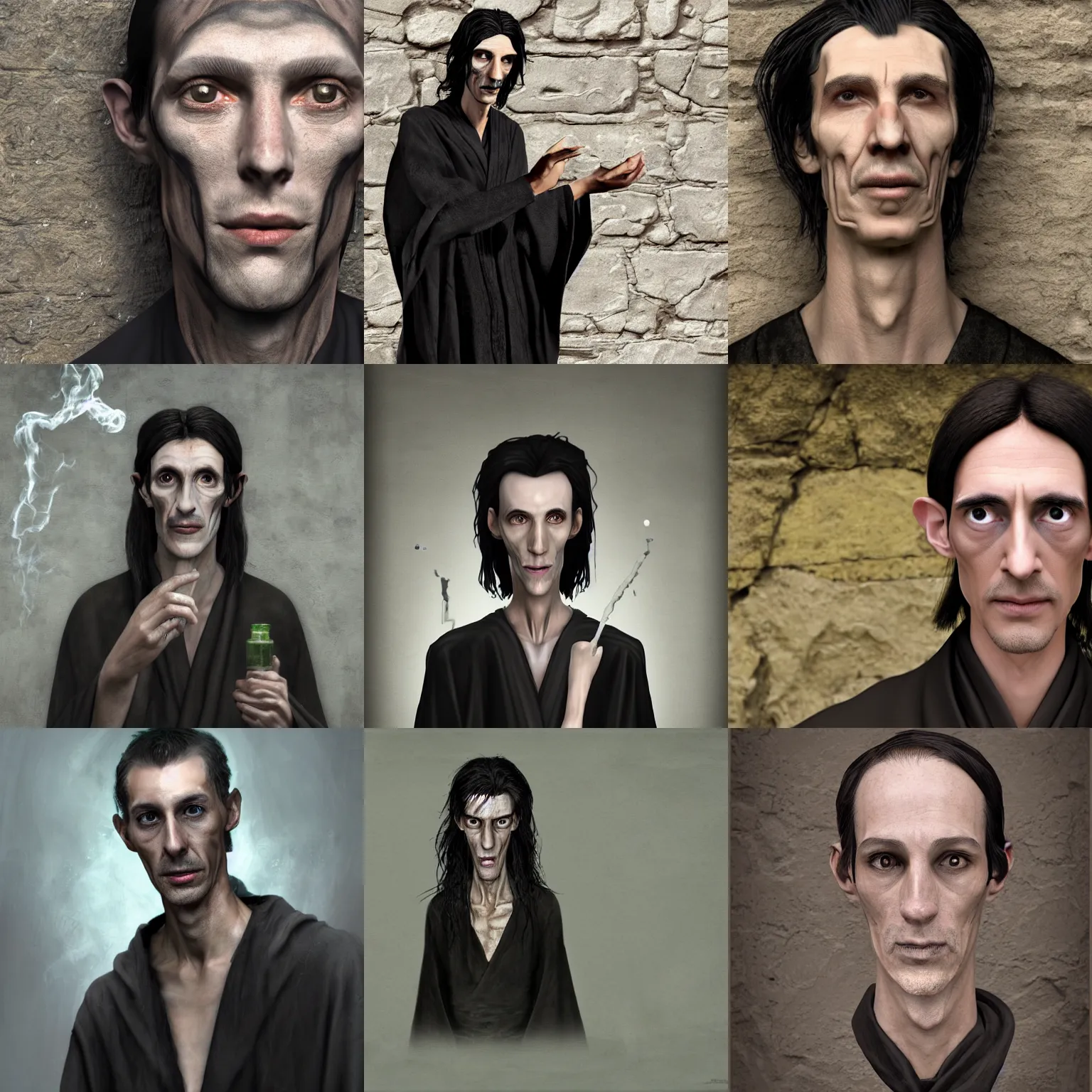 Prompt: Realistic portrait of a thin man with sallow skin, long greasy black hair, a hooked nose and black eyes. He also dresses in a flowing black robe. An ancient stone wall behind him. Potions, magic reagents and lab equipment are littering the tables around him. Extreme detail. Trending on artstation.