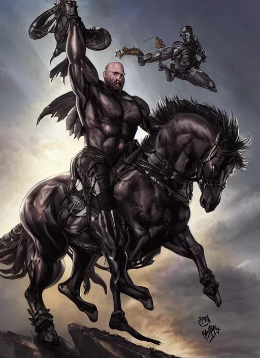 Image similar to ethan van sciver with a bald head and grey trimmed beard with a pointy nose as the first horseman of the apocalypse riding a strong big black stallion, horse is running, the rider is carrying the scales of justice, beautiful artwork by artgerm and rutkowski, breathtaking, beautifully lit, dramatic, full view