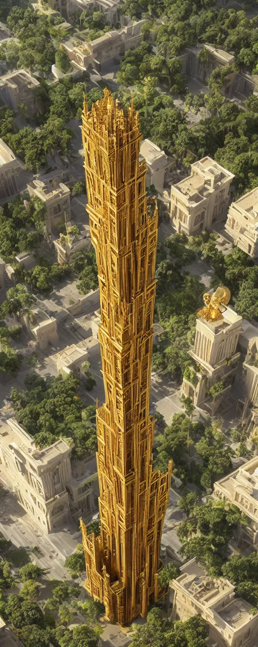 Image similar to eye level view of single tower, golden facade babylon tower, sacred ancient architecture, hanging gardens, cascading highrise, arid mountains with lush palm forest, sunlight, post - production, octane, cgi, sfx