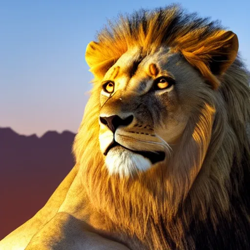 Prompt: A majestic lion sitting in the African desert , sunrise , beautiful landscape, 8k, photorealistic