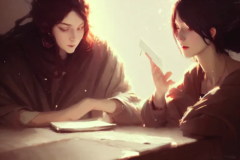 Image similar to portrait of two wise and very beautiful women discussing some texts, art by guweiz and greg rutkowski, intricate, elegant, highly detailed, smooth, sharp focus, artstation